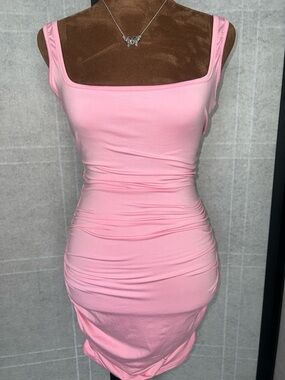 Square-Neck Ruched Mini Dress in Light Pink